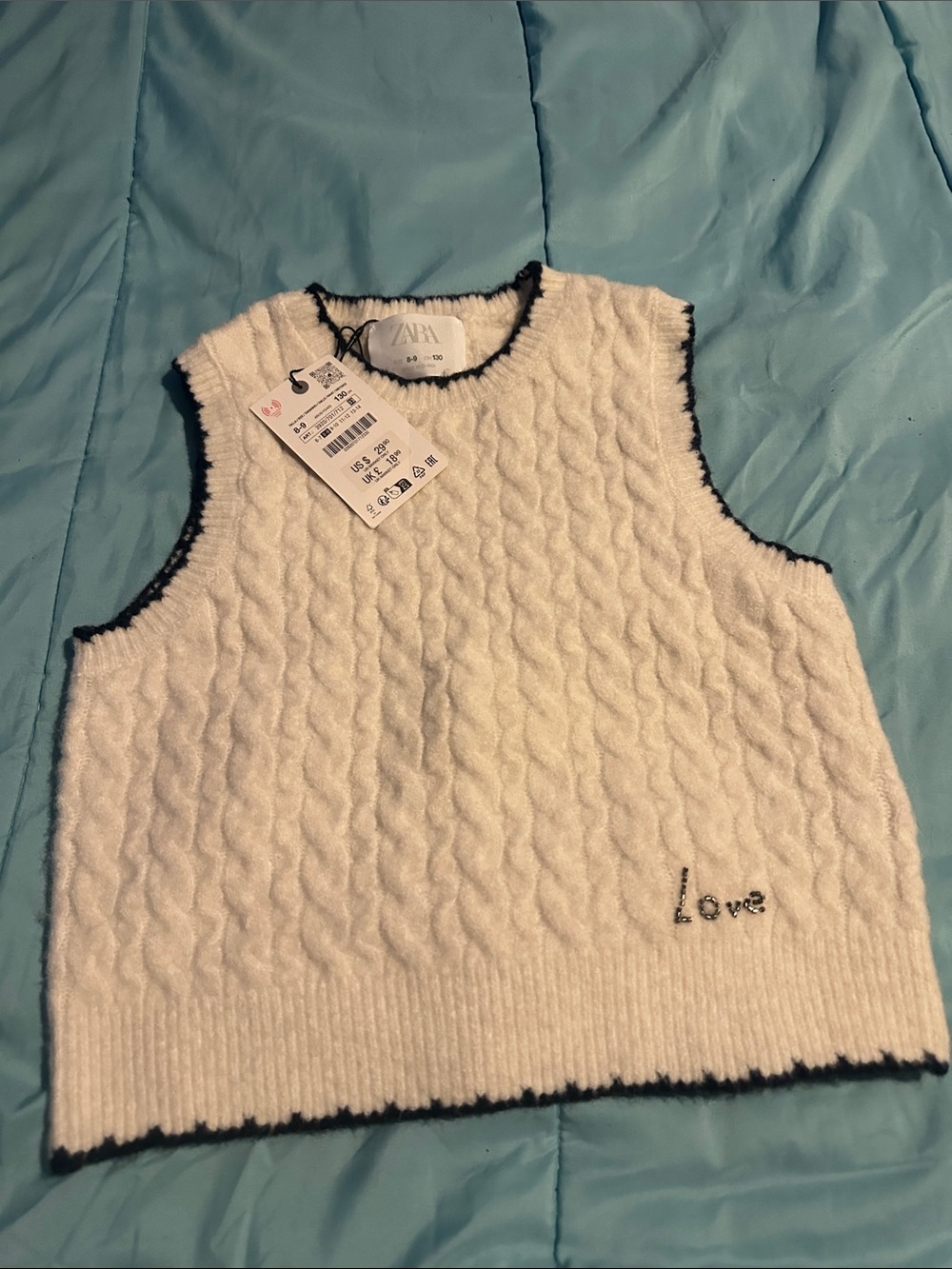 Zara White Cable-Knit Sleeveless Sweater Vest with Black Edge